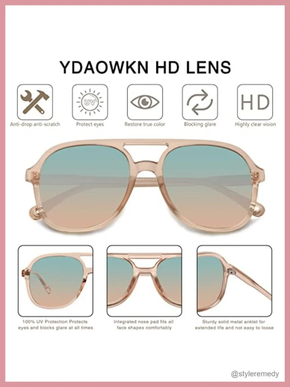 Retro Square Aviator Sunglasses HD UV400 Double Bridge
